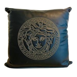 Versace Embroidered Medusa Logo Brown Black Leather Pillow Decorative Cushion